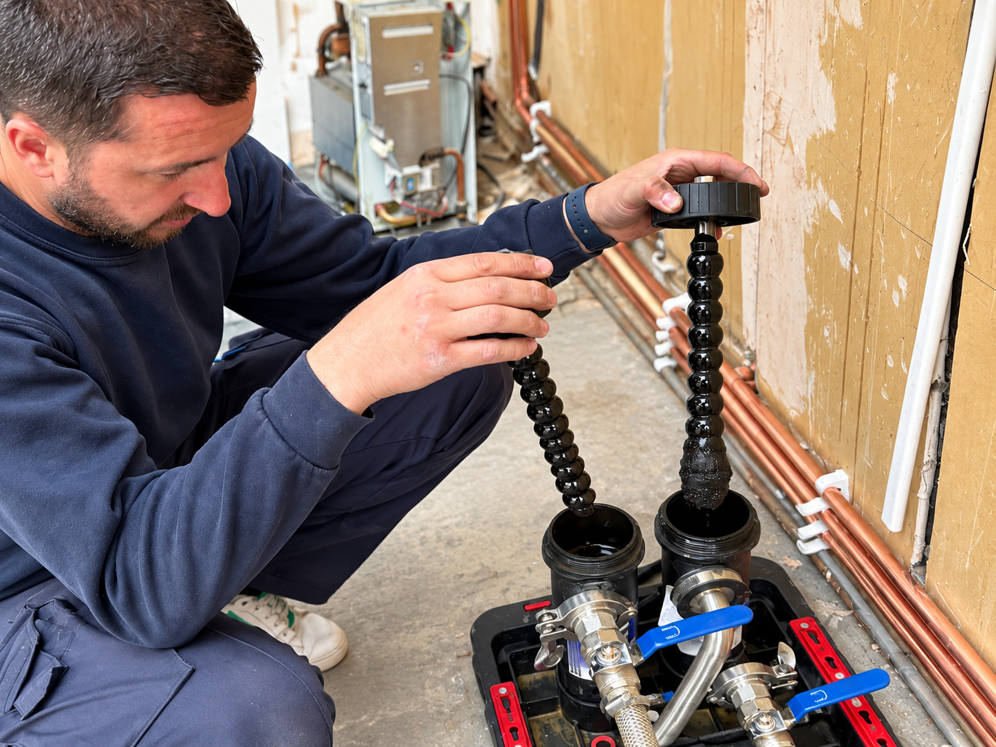 West 4 engineer cleaning a central heating magnetic filter in Chiswick W4